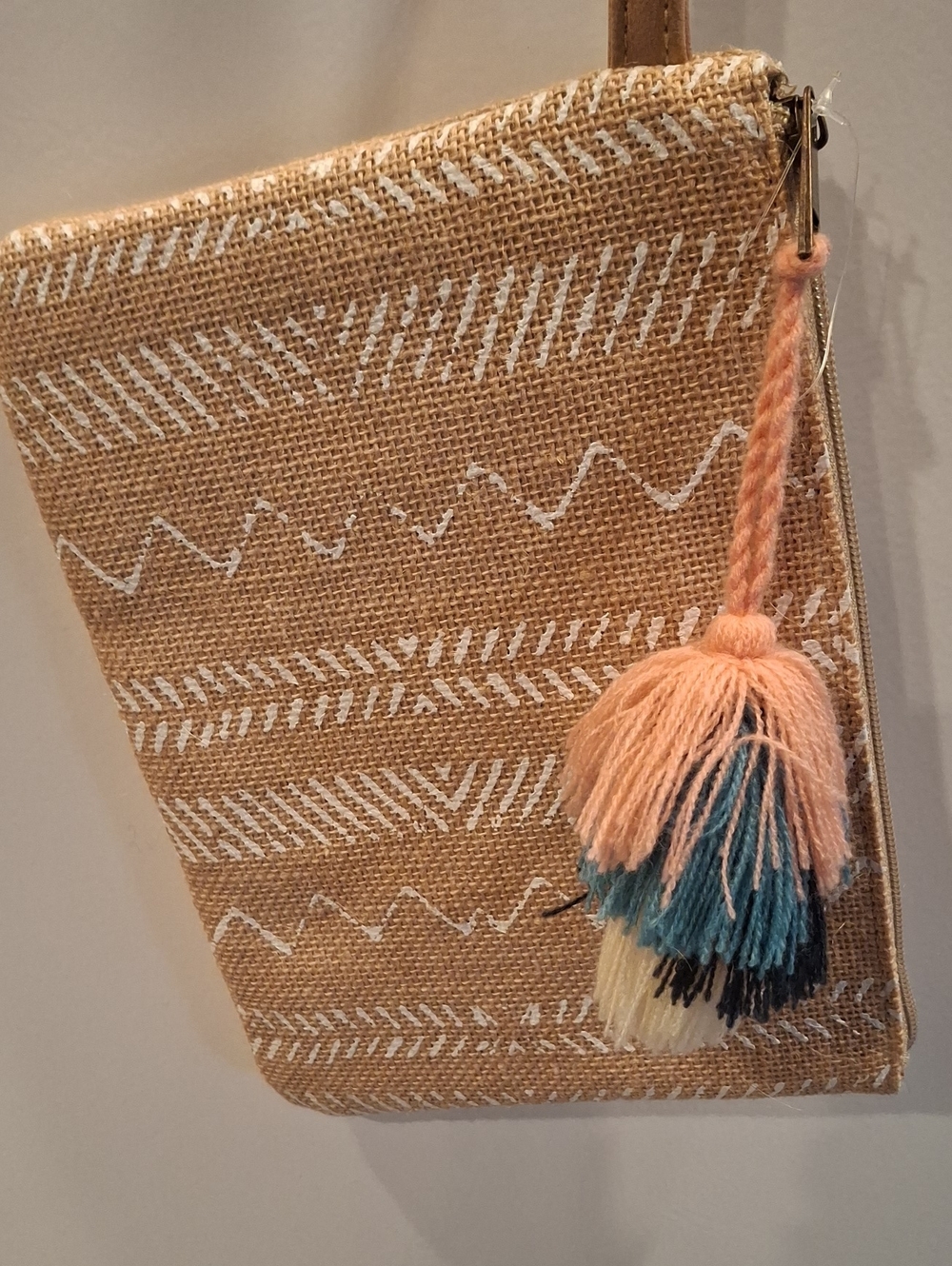 Handwoven Tan & White Patterned Tote with Pink Tassel Accent